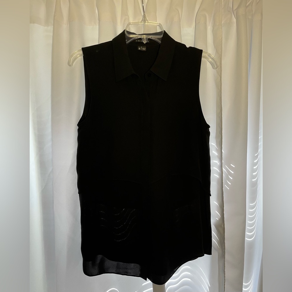 THEORY Black Silk Sleeveless Button Down Top w/Collar sz M